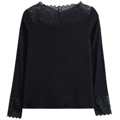 春秋内搭V领蕾丝拼接长袖打底衫