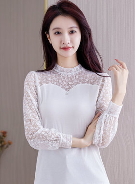 时尚白色半高领蕾丝打底衫女2026年秋装新款气质显瘦上衣洋气小衫