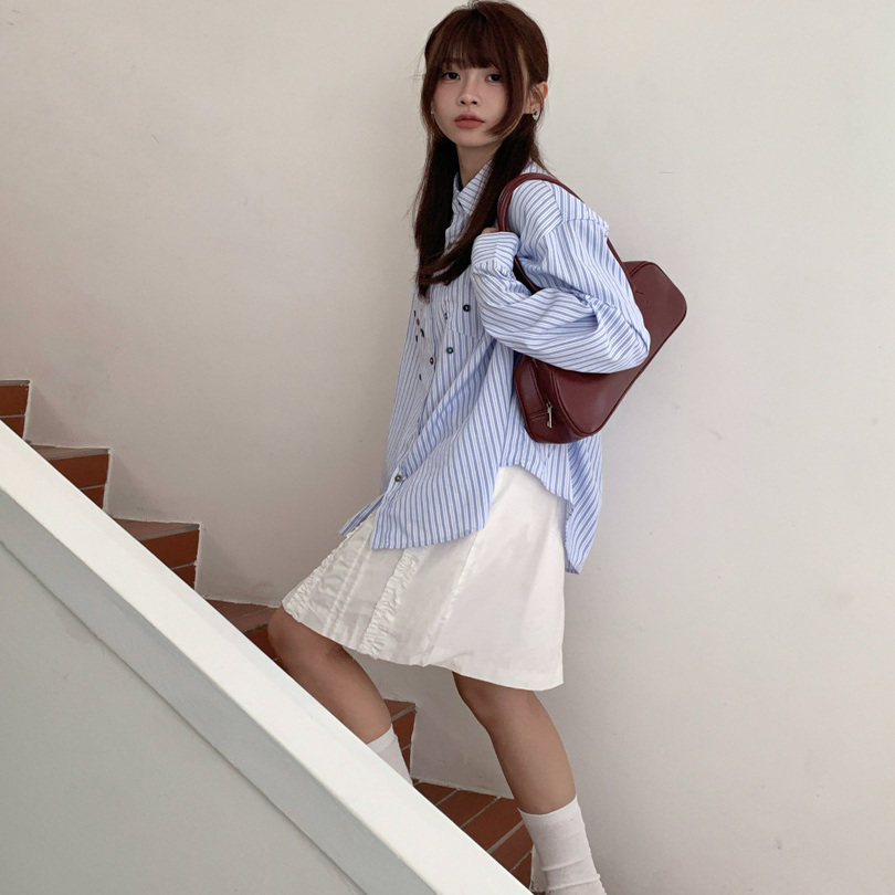 蓝色条纹衬衫女轻松ins感BF风宽松防晒衬衣长袖薄外套