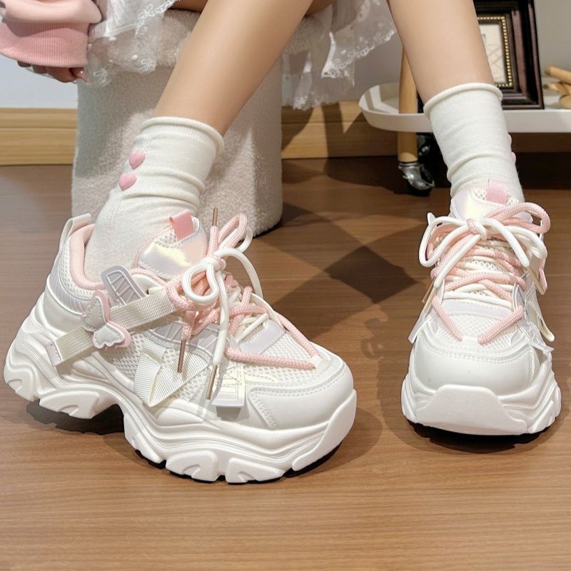 白浅蓝蝴蝶网面老爹鞋女