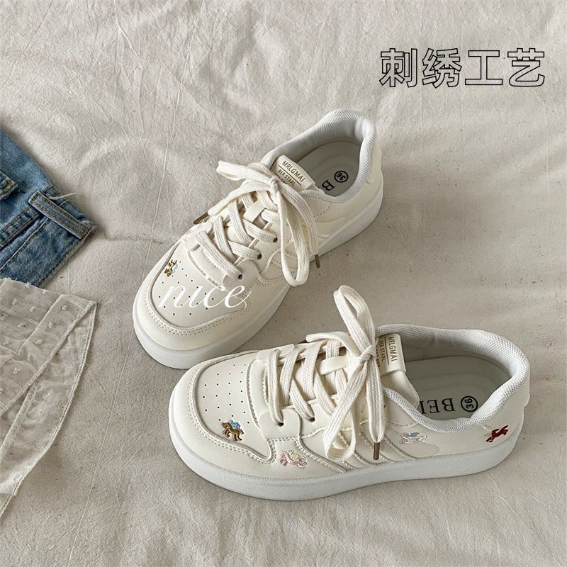 卡通刺绣厚底纯白小白鞋