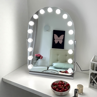 化妆镜带灯泡台式 桌面led梳妆镜卧室家用美妆镜梳妆台镜子可旋转