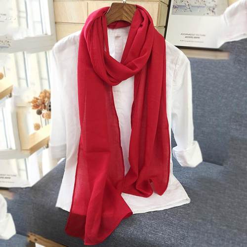 酒红色细窄长条棉麻围巾女秋薄空调护颈围脖丝巾韩版百搭纯色纱巾
