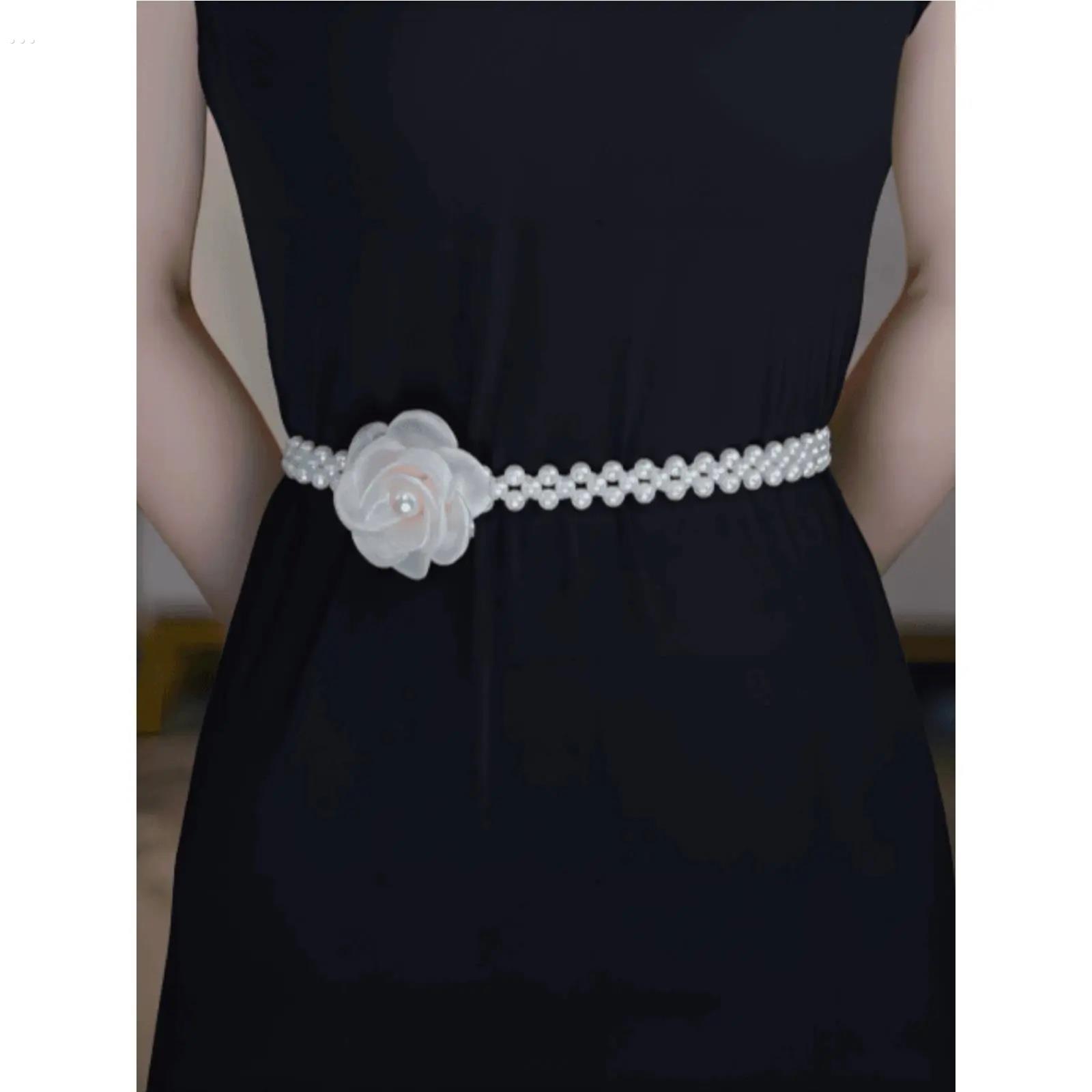 夏季2024新款花朵贝珠腰带女时尚百搭收腰显瘦腰带连衣裙项链腰链