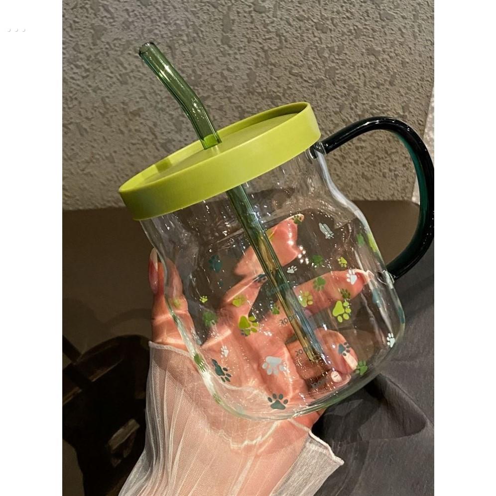 高颜值玻璃杯600ml印花带刻度杯家用喝水杯吸管杯情侣杯牛奶杯