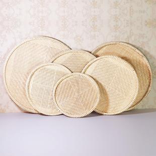 竹编扁筛子家用饺子盘厨房收纳晾晒镂空圆形簸箕客厅竹制品点心筐