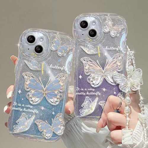 蓝蝴蝶闪粉适用iphone17透明手机壳苹果11波浪气泡14防摔保护套13