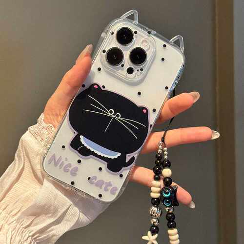 适用苹果16可爱猫耳朵手机壳iphone17pro创意13大脸猫手链保护套