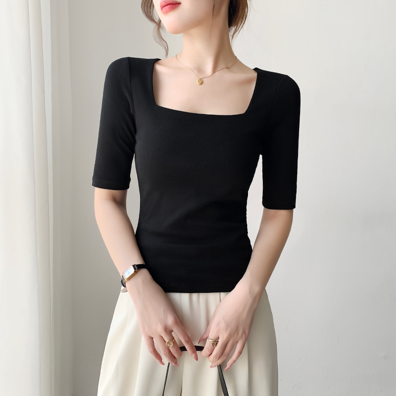 黑色方领五分袖t恤女2026春秋冬新款低领百搭修身显瘦中袖上衣潮