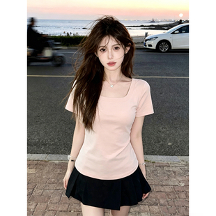 纯欲白色低领t恤女夏季短袖紧身显瘦简约百搭时尚纯色u领潮流上衣