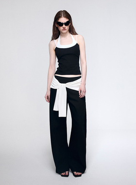 dat.明後日 针织腰头袖筒系带撞色松弛感休闲微喇长裤