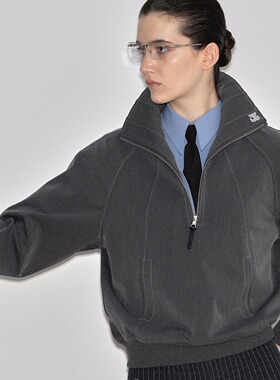 dat. 放射结构设计花灰西装面料女半拉链舒适宽松立领卫衣外套