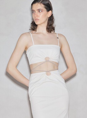 dat. 镂空圆形抽绳抽褶设计紧身金属扣女抹胸吊带长半裙套装