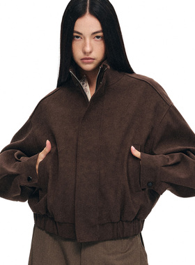 dat.明後日 极简设计廓型挺括骨感落肩宽松短款复古立领麂皮夹克