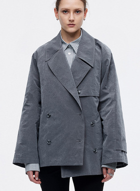 dat. 雪花光泽大翻领配腰带经典挺拓廓形插肩袖宽松休闲短款风衣