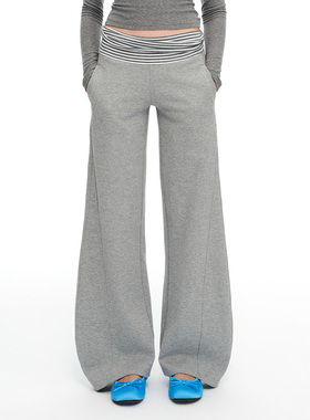 dat.明後日 超宽可翻折条纹拼接腰头多穿法合身松弛感喇叭卫裤