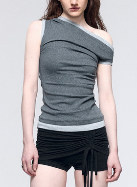 dat.明後日 多穿法花灰假两件抽褶修身舒适纯棉叠穿斜肩上衣T恤