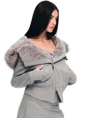 dat.明後日 斜拉链毛绒内胆连帽卫衣古早感短款修身毛领外套