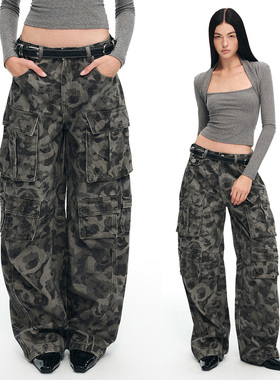 【单依纯同款】dat. 原创花朵印花挺拓立体口袋宽松迷彩工装裤