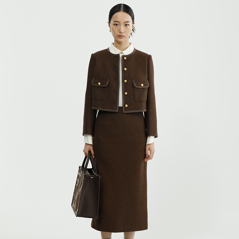 戴布拉芬新款冬季咖色半身裙女士高腰毛呢一步裙中长款直筒开叉裙