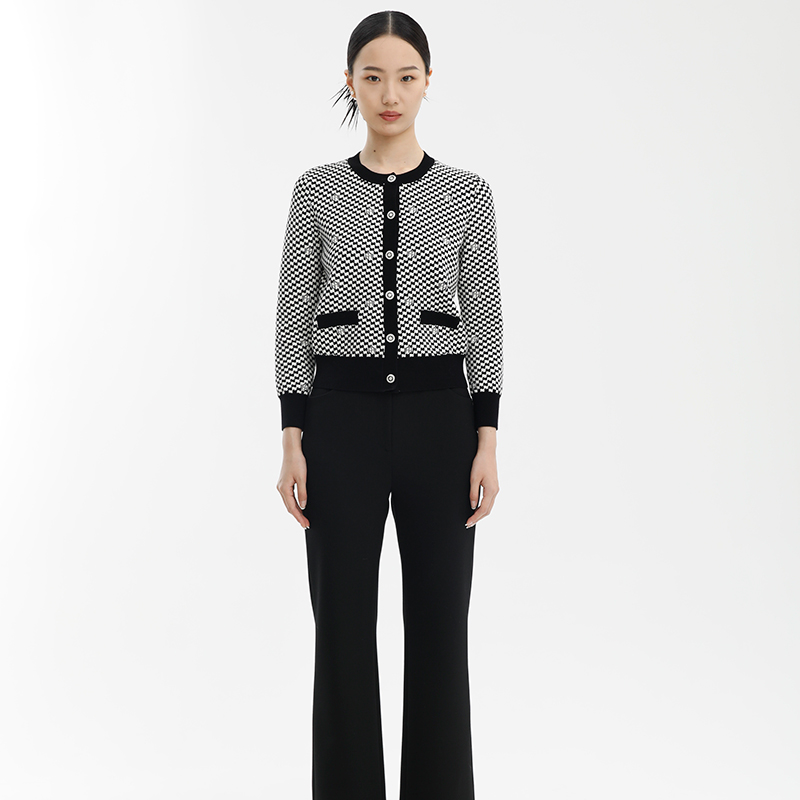 戴布拉芬新款秋季OL小香风针织开衫女格子时尚大气小众设计感上衣