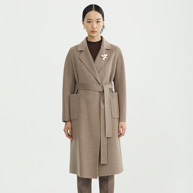 戴布拉芬新款冬季双面羊绒大衣女高级感灰米色时尚中长款羊毛外套