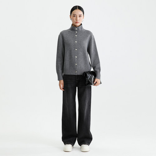 DYBULAFUN/戴布拉芬新款冬季简约休闲风单排扣精致百搭灰色针织衫