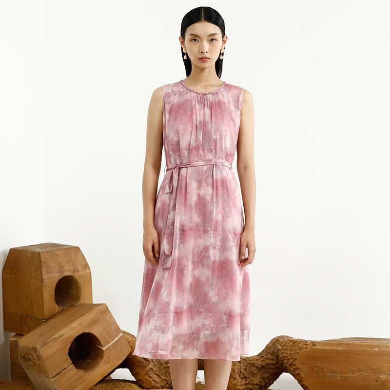 戴布拉芬新款夏季高端轻奢水墨画圆领连衣裙新中式精致收腰裙子女