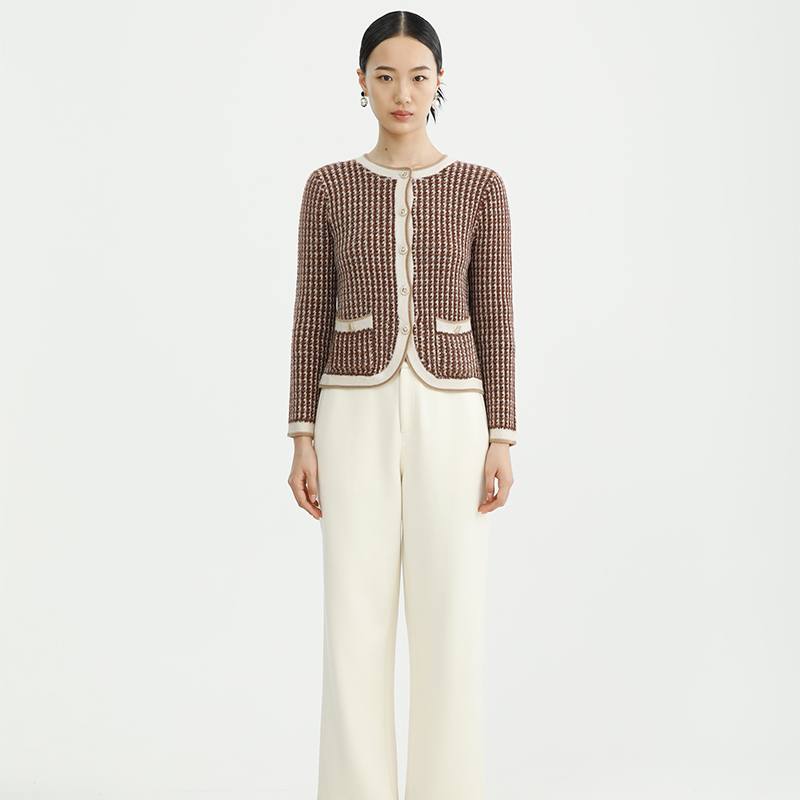 戴布拉芬新款冬季千鸟格针织开衫短款毛衣外套女装慵懒风外穿上衣