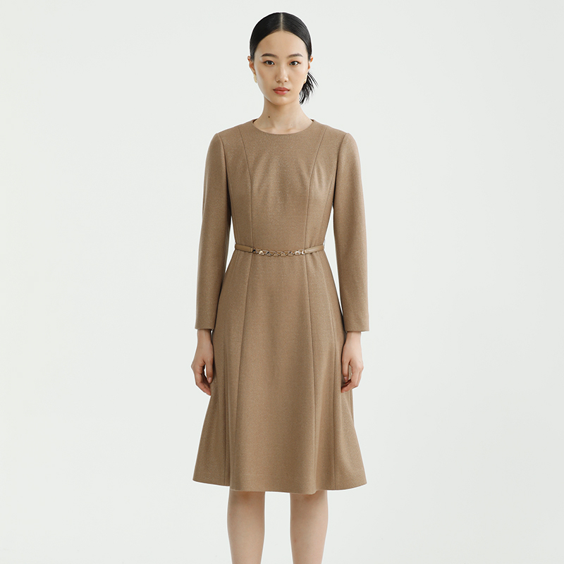 戴布拉芬新款冬季中长款过膝纯色羊毛腰带装饰小众设计感连衣裙女