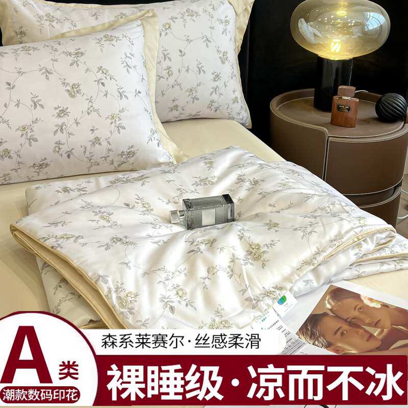 莱赛尔凉感天丝夏凉被四件套冰丝空调被可机洗薄被子床单床笠款4
