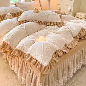公主风蕾丝花边床裙款牛奶绒四件套冬季纯色双面加厚珊瑚绒被套罩