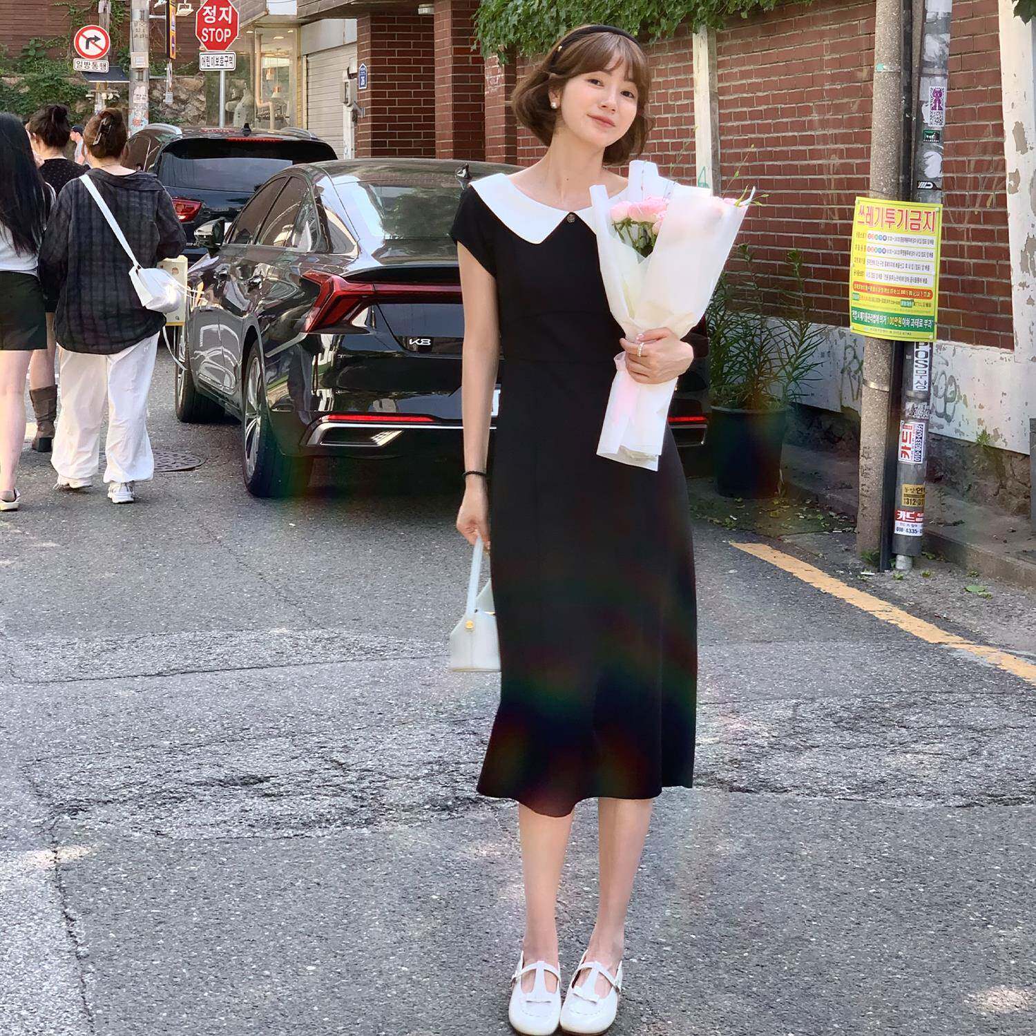 【天鹅剧场】法儿家 2025新款撞色长裙女夏季气质感黑色洋装