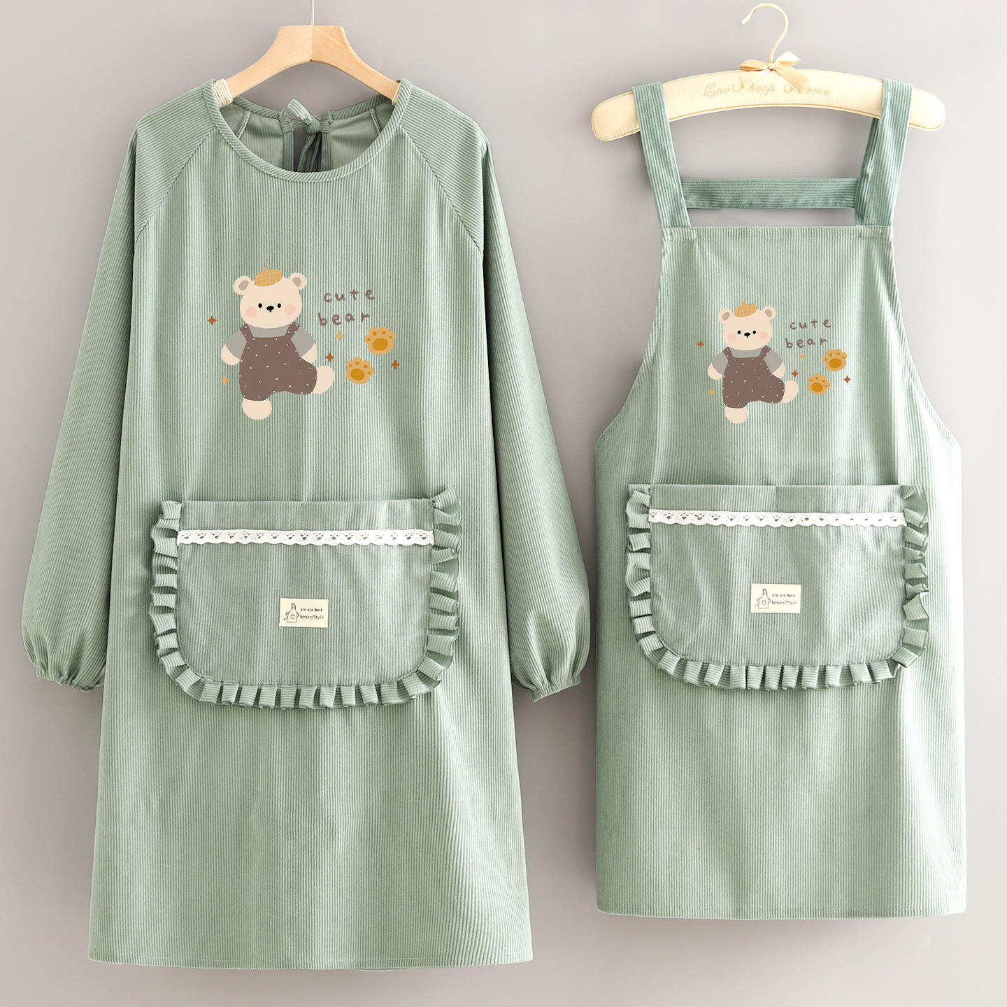 简约长袖防污围裙家用厨房条绒