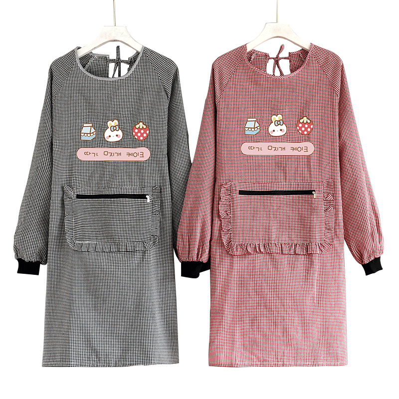 棉布围裙家用厨房女长袖罩衣大人2021新款防污透气做饭围腰男定制