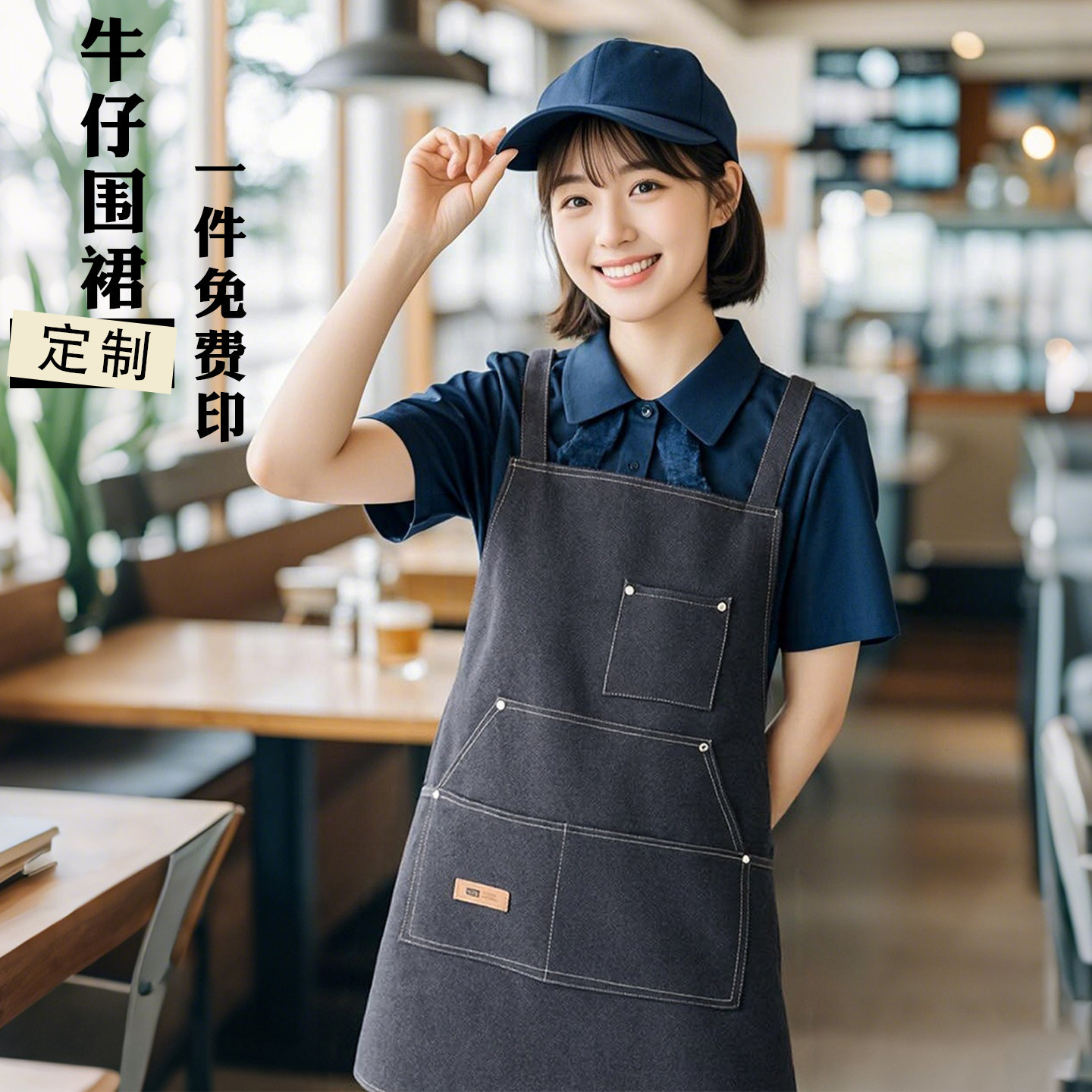 简约帆布牛仔围裙厨房做饭耐磨围