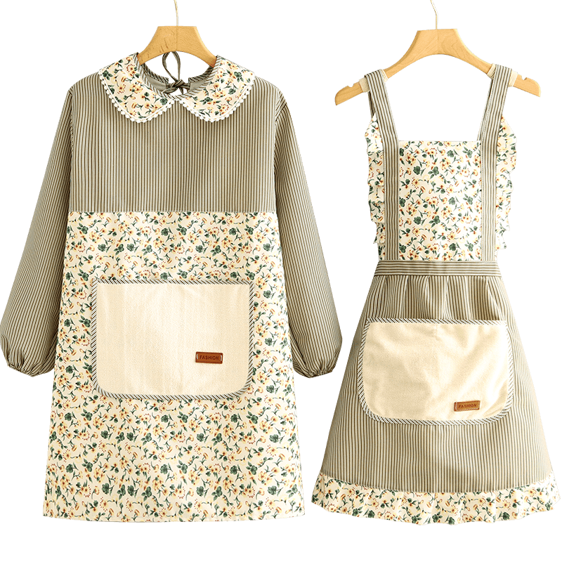时尚帆布耐磨小清新围裙厨房家用长袖罩衣上班做饭围腰防污工作服