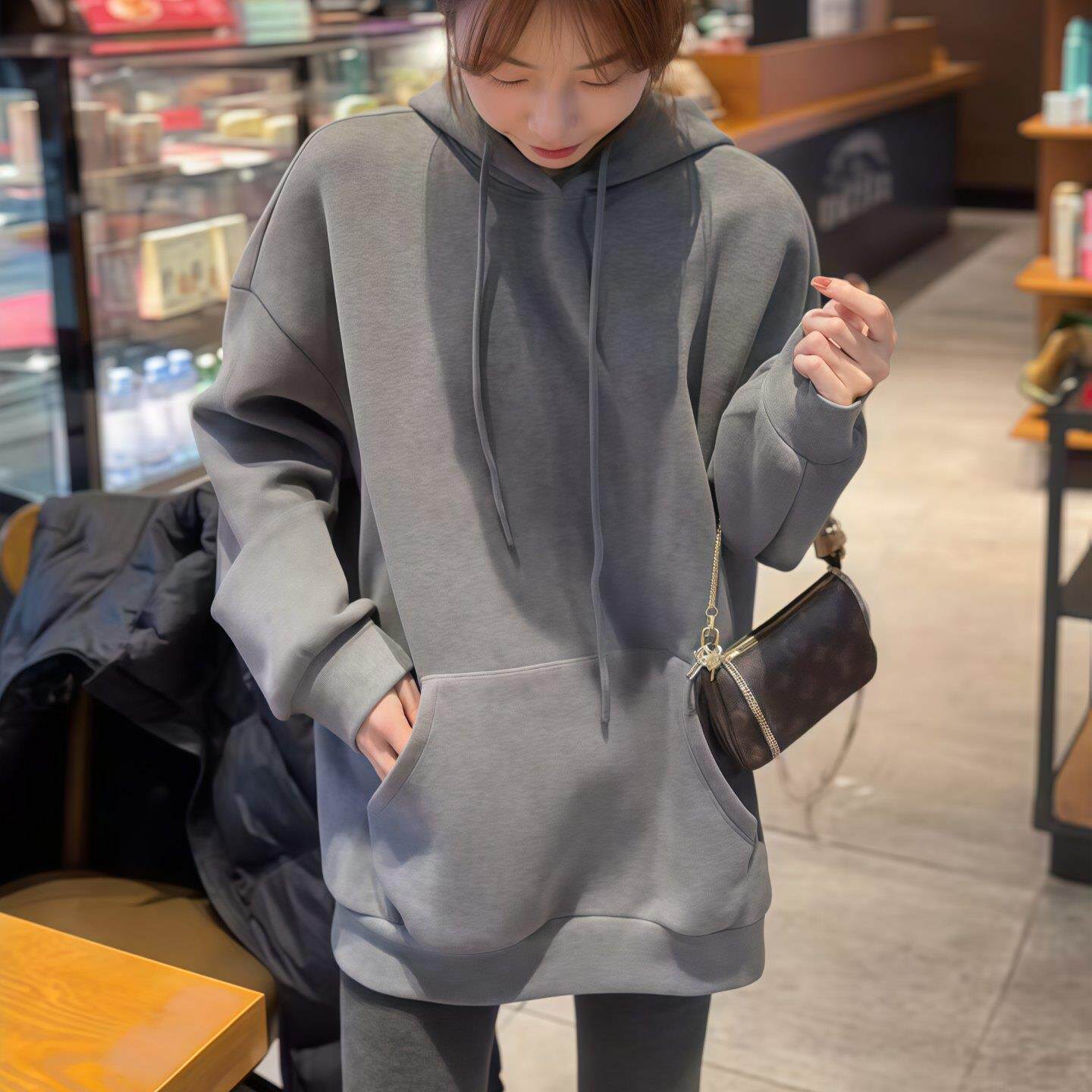 ROUMIKL灰色连帽中长款卫衣女2025新款秋季长袖套头帽衫慵懒休闲