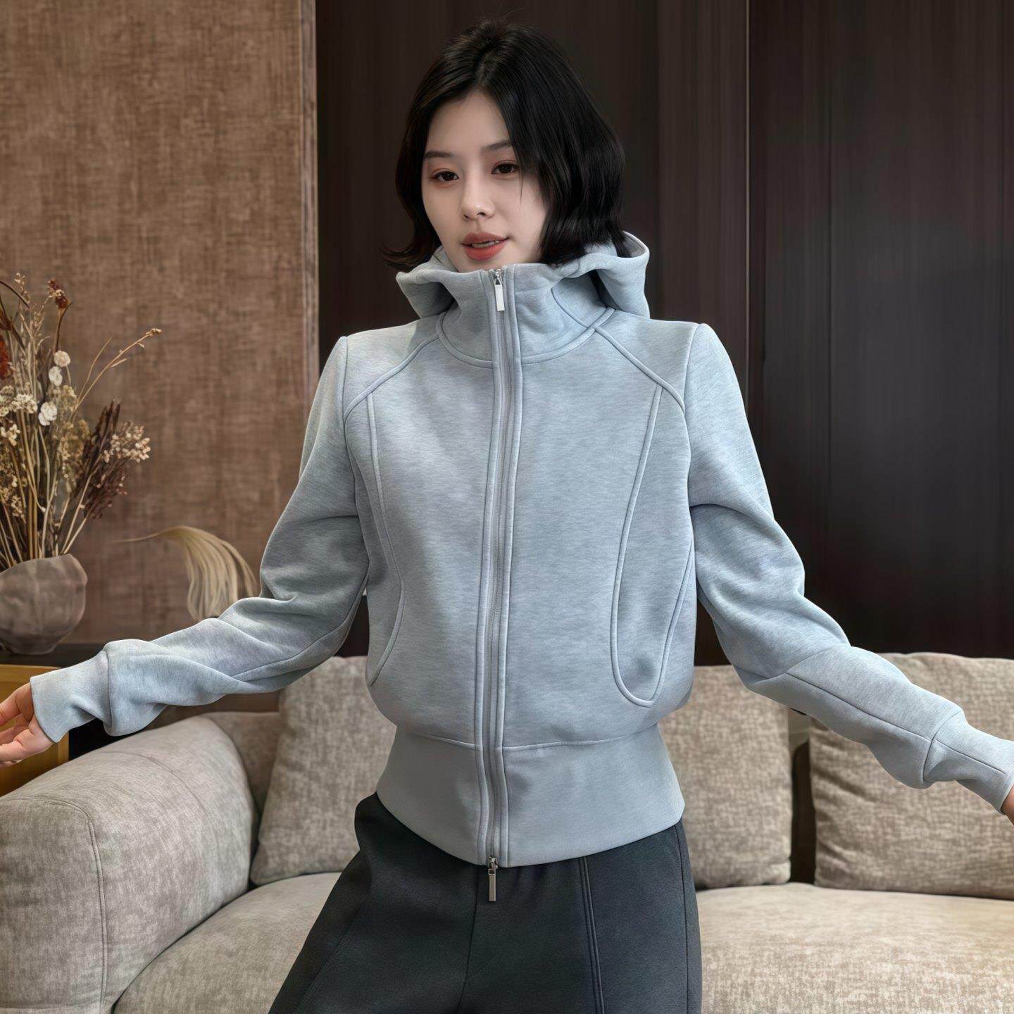 ROUMIKL黑色连帽拉链卫衣女2025新款春秋加厚短外套正肩长袖开衫