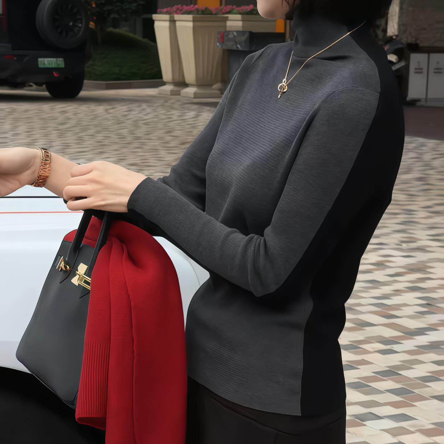 ROUMIKL正反两穿双色半高领打底T恤女2025新款秋季修身显瘦长袖针