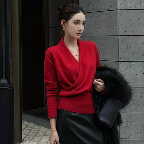 ROUMIKL法式交叉V领毛衣女2025新款秋冬高智感收腰显瘦针织衫长袖