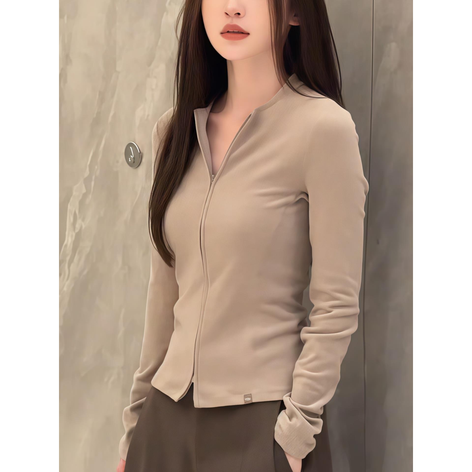 ROUMIKL双开拉炼圆领修身T恤女2025新款秋季运动瑜伽服简约百搭长
