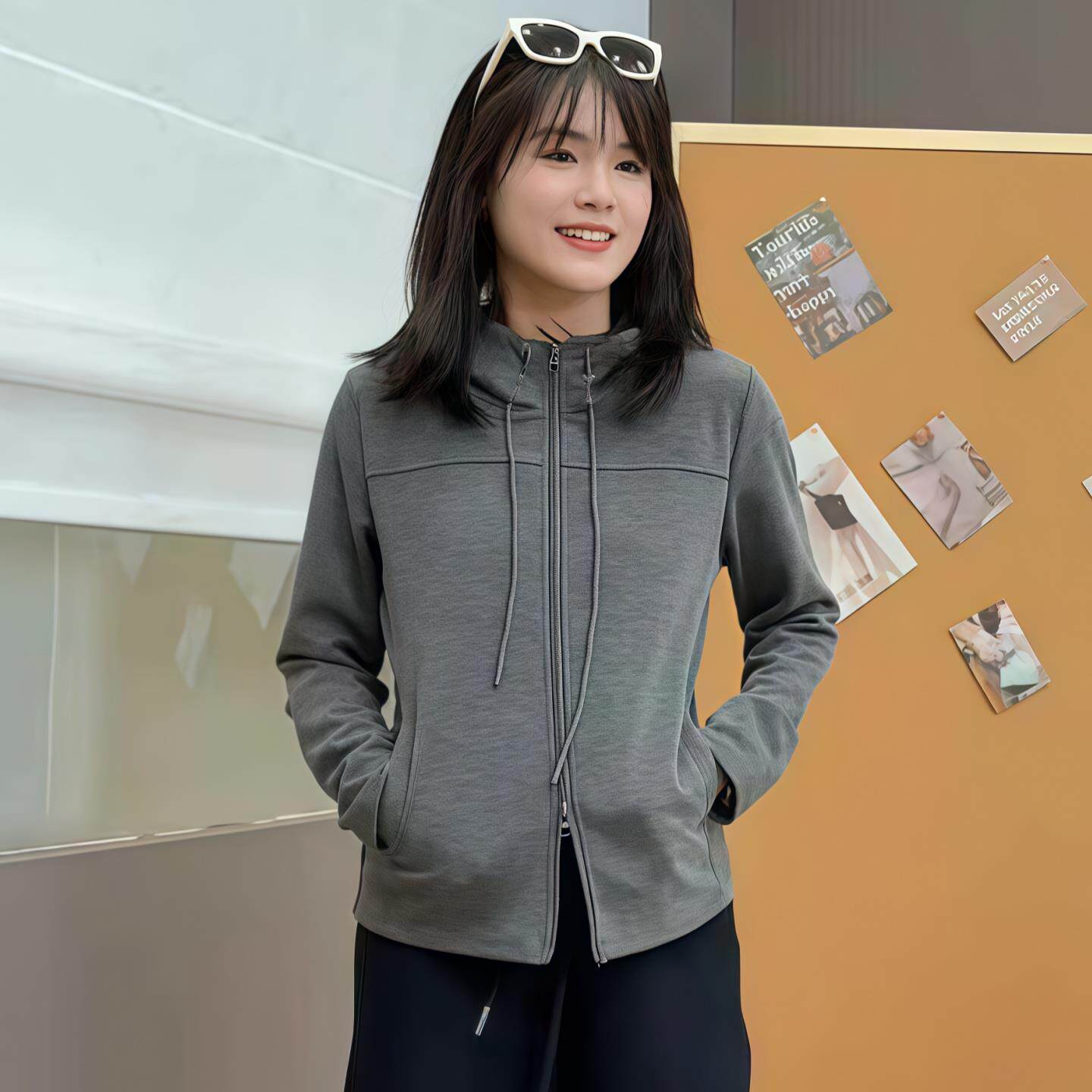 ROUMIKL连帽拉链卫衣外套女2025新款秋季正肩长袖有口袋开衫休闲