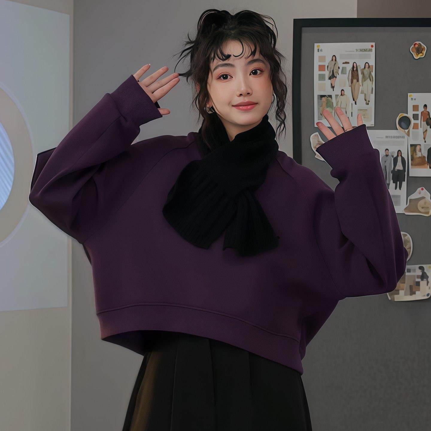 ROUMIKL紫色圆领无帽卫衣女加厚保暖秋季2025新款小个子高腰短款