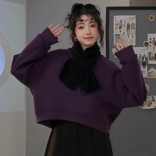 ROUMIKL紫色圆领无帽卫衣女加厚保暖秋季2025新款小个子高腰短款
