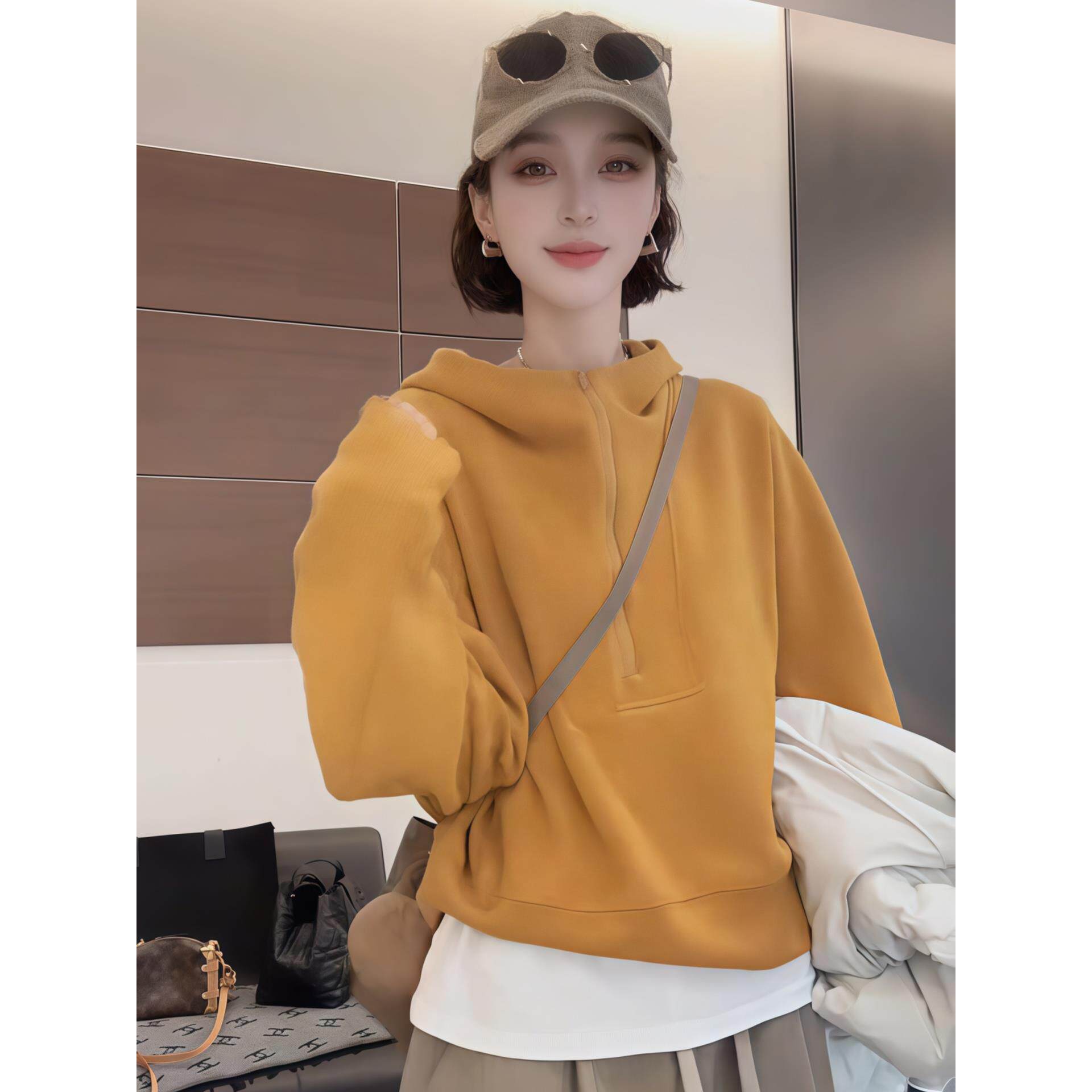 ROUMIKL半拉炼连帽长袖卫衣女2025新款爆款秋季外穿短款帽衫宽松
