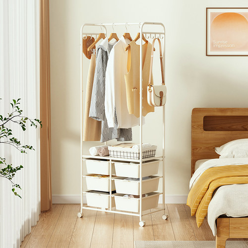 衣架落地卧室晾衣架简易置物家用挂衣杆抽屉式收纳层架挂衣架衣帽