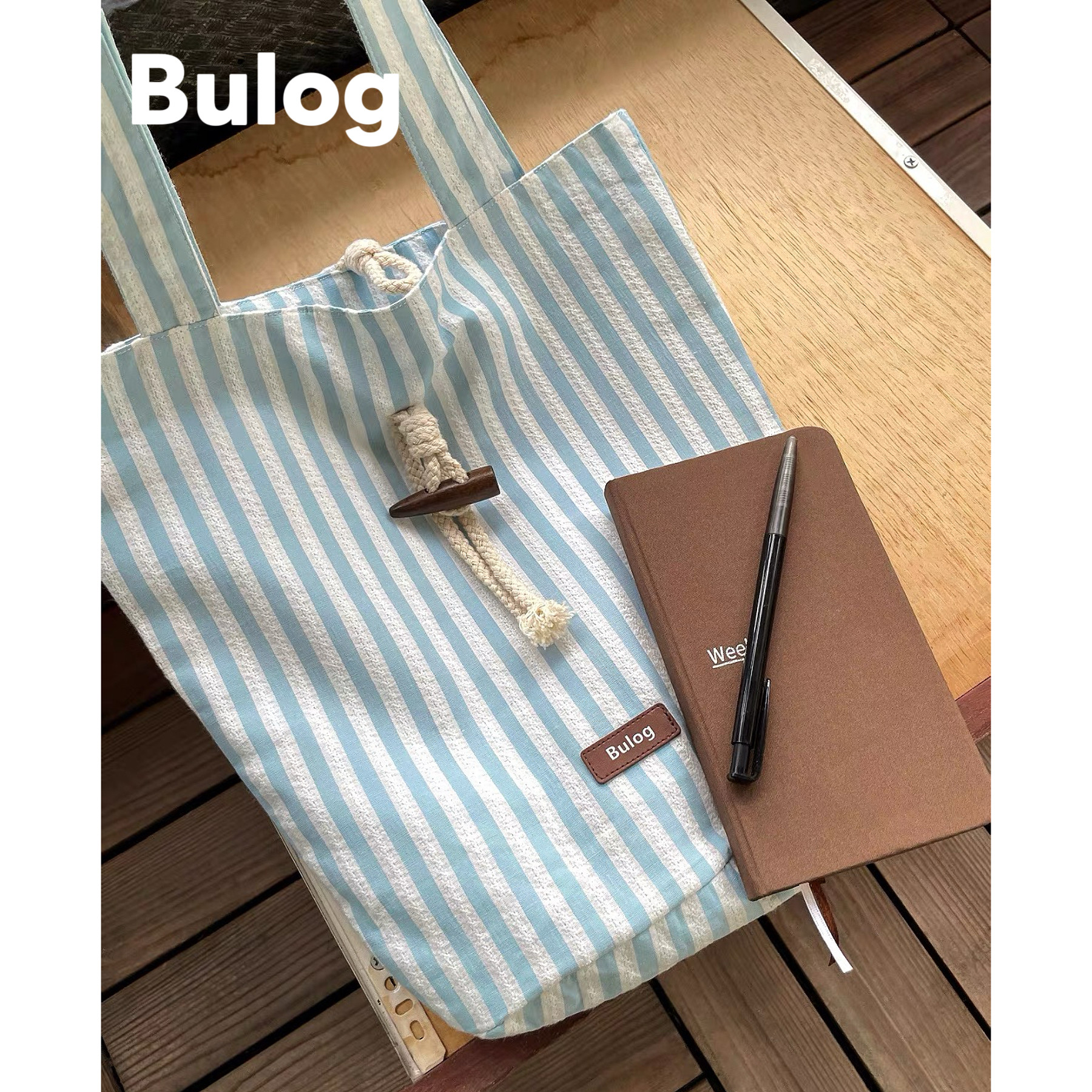 Bulog清新蓝色条纹复古牛角扣帆布包小众文艺单肩布艺水桶包女