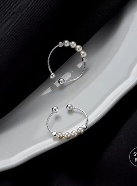 s925纯银戒指女小众设计珍珠冷淡风高级复古ins潮食指开口调节尾