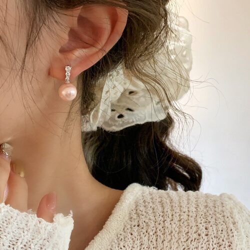 925纯银粉色贝珠锆石耳钉女简约